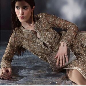 Embellished Gold Sequin Long-Sleeve Dress